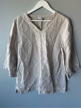 Tommy Bahama taupe tan 100% linen embroidered tunic top Women’s sz L